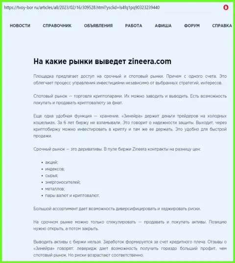Информационная статья об внушительном ряде инструментов для совершения торговых сделок организации Zinnera Exchange, выложенная на web-ресурсе tvoy bor ru