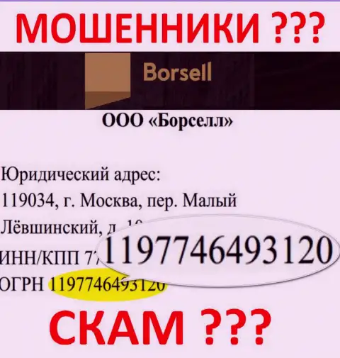Номер регистрации неправомерно действующей организации Борселл Ру - 1197746493120