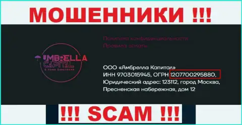 ООО Амбрелла Капитал интернет-мошенников Umbrella-Capital Ru было зарегистрировано под вот этим регистрационным номером: 207700295880