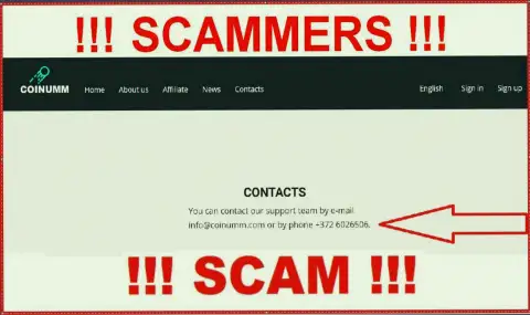 Coinumm phone number listed on the crooks site