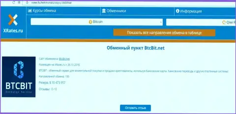 Краткая информация об online обменнике БТК Бит на сайте xrates ru