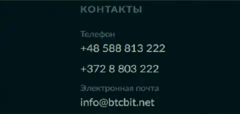 Номера телефонов и адрес электронного ящика онлайн-обменника BTCBit Net