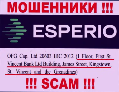 Неправомерно действующая контора Esperio находится в офшоре по адресу 1 Floor, First St. Vincent Bank Ltd Building, James Street, Kingstown, St. Vincent and the Grenadines, будьте очень осторожны